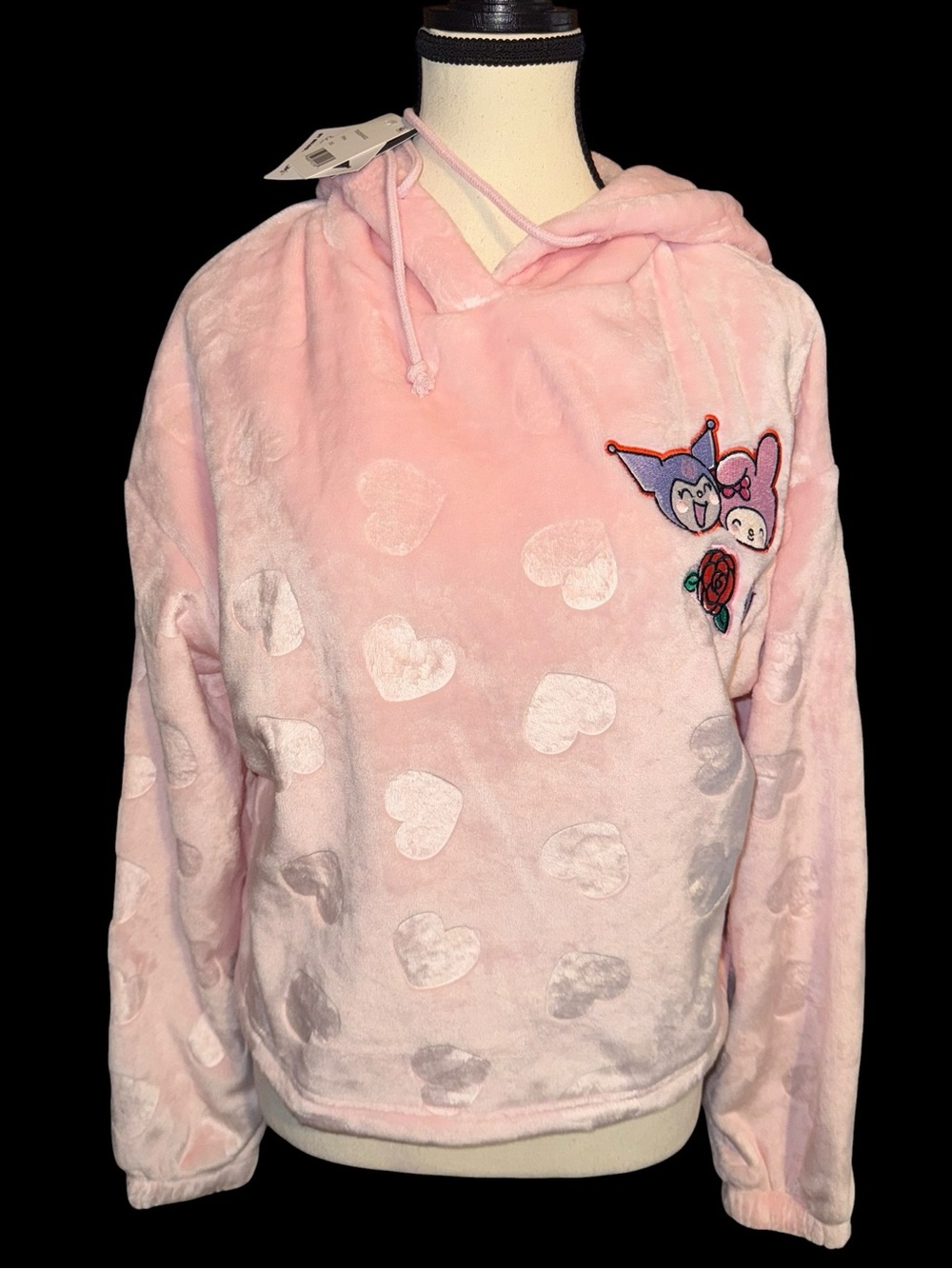 Sanrio My Melody Kuromi pink heart fleece hoodie NWT XS soft embroidered woman’s